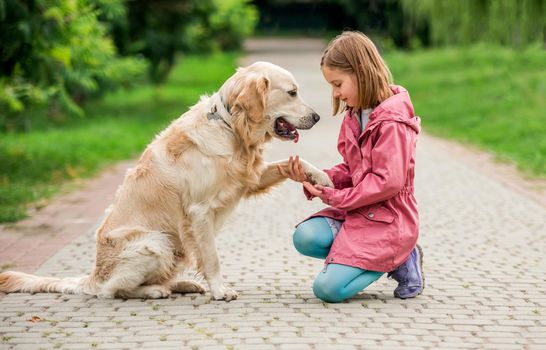 Little girl holding dog's paw in park