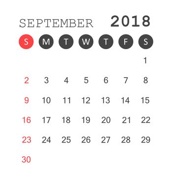 September 2018 calendar. Calendar planner design template. Week starts on Sunday. Business vector illustration.