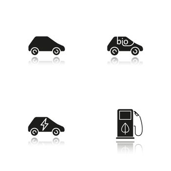 Eco friendly cars drop shadow black icons set
