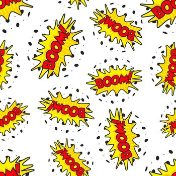 Boom comic sound effects seamless pattern background. Business flat vector illustration. Comic cartoon expression sign symbol pattern.