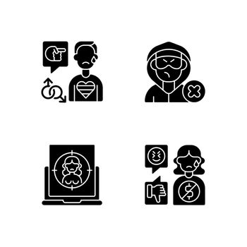 Cyber bullying black glyph icons set on white space