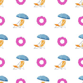 Seamless pattern with swimming circle and beach lounger. Suitable for backgrounds, cards, banners and prints. Vector illustration.