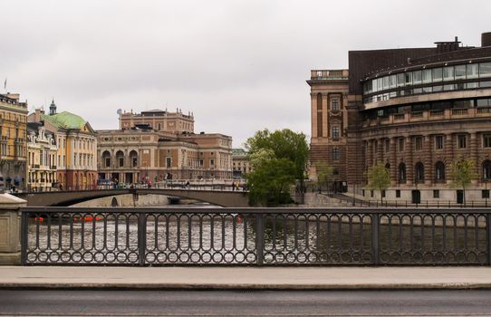 Bridges in the center of Stockholm. Gamla Stan and House of Parliament.