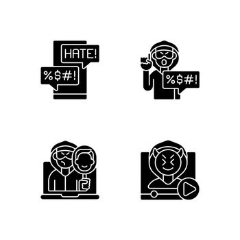 Online bullying black glyph icons set on white space