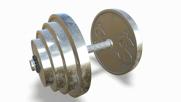 Silver dumbbell with a dollar sign on a white background 3d-rendering.