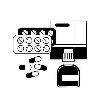 Medical liquid bottles, pills