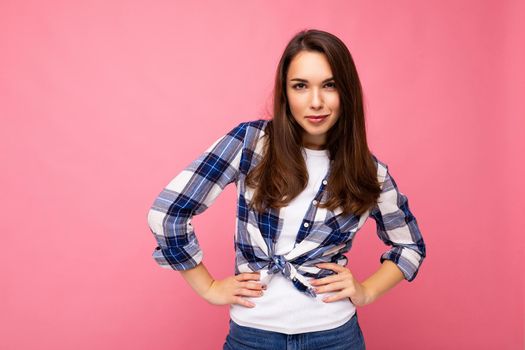 Photo shot of cute nice charming gorgeous attractive pretty youngster self-confident woman wearing stylish clothes isolated over colorful background with copy space