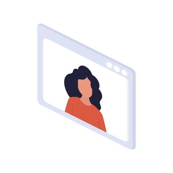 Young woman. Teleconference display screen via virtual application or Internet. Business online meetings of the company. Vector.