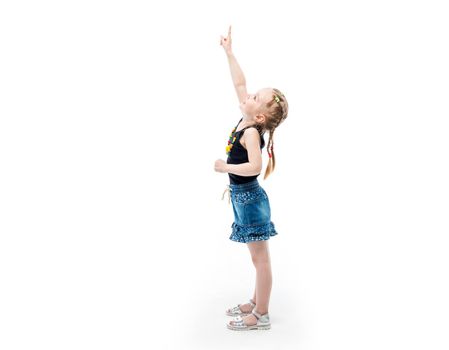 Small kid pointing upward with her finger