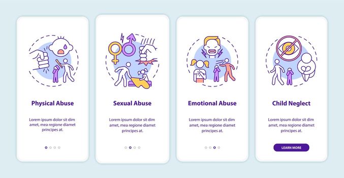 Children abuse onboarding mobile app page screen with concepts