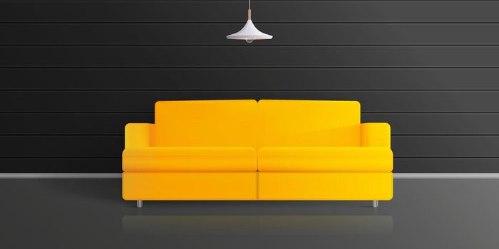 Yellow sofa with a dark room. Realistic vector stylish loft room.
