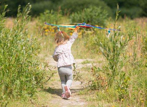 little cute girl flying a kite
