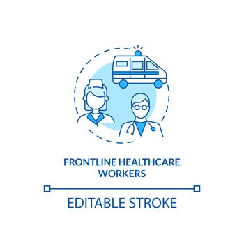 Frontline healthcare workers concept icon. Covid vaccination priority list. Proffesional hospital staff. Clinic idea thin line illustration. Vector isolated outline RGB color drawing. Editable stroke