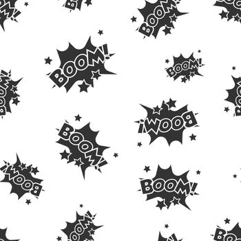 Boom comic sound effects seamless pattern background. Business flat vector illustration. Boom comic cartoon expression sign symbol pattern.