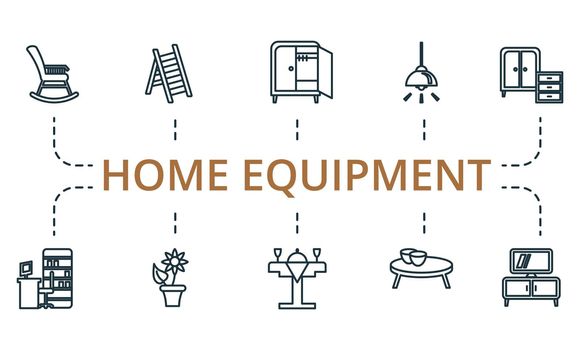 Home Equipment icon set. Collection of simple elements such as the flowerpot, drawer unit, 13, dinning table, coffee table, stepladder.