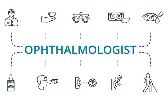 Ophthalmologist icon set. Collection of simple elements such as the contact lenses, color blindness, trial frame, artificial tears, eye drops, blindness.