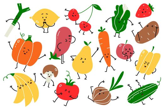 Vegan food doodle set. Hand drawn doodle vegetarian food mascots happy fruits emotions apple carrot pumpkin cherry banana and on white background. Fruit vitamin health nutrition illustration