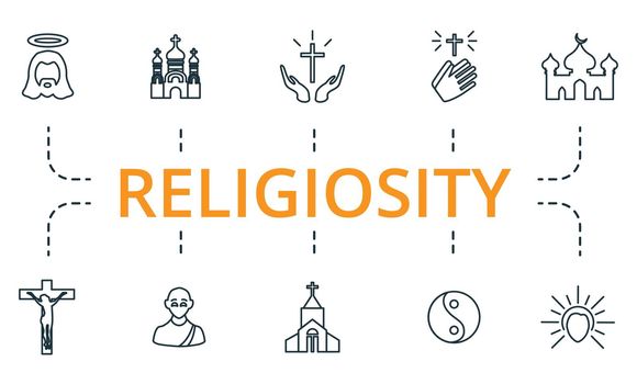 Religiosity icon set. Collection of simple elements such as the raining, bible, 13, mosque, temple, monk.