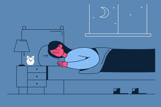 Sleep disorder, insomnia concept. Young tired sad sleepless woman lying in bed with smartphone and suffering from insomnia trying to fall asleep at night vector illustration 