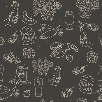 A set of beer and snack icons pattern on a blackboard with chalk