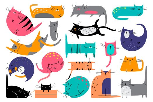 Cats doodle set. Collection of creative childish patterns domesticated animals kitties kitten pets in different poses. Human friends seamless texture vector print illustration for kids.
