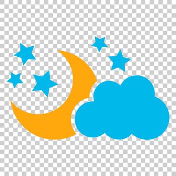 Moon and stars with clouds vector icon in flat style. Nighttime illustration on isolated transparent background. Cloud, moon business concept.