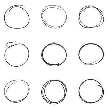 Set of the hand drawn scribble circles line sketch. Vector circular scribble doodle round element. Pencil sketch illustration on white background.