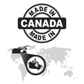 Made in Canada stamp. World map with zoom on country. Vector emblem in flat style on white background.