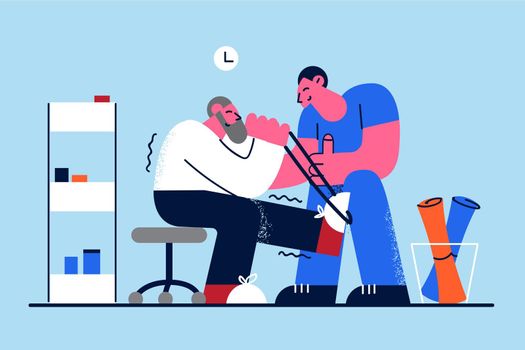 Rehabilitation clinic and healthcare concept. Grey haired mature man with injured leg sitting and getting medical help from young smiling doctor in clinic vector illustration