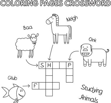 Farm animals crossword. Vector coloring book pages for children education