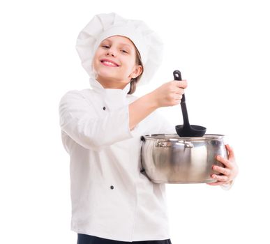 little girl in cook uniform with pan and ladle
