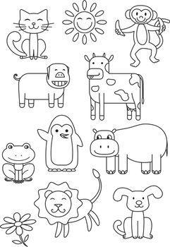 Cartoon animals coloring book for children. Vector print ready A4 page