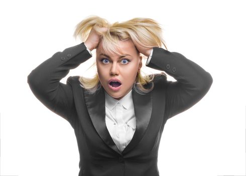 Portrait of a shocked business woman over white background