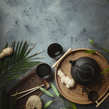 Traditional Asian tea ceremony arrangement, flat lay