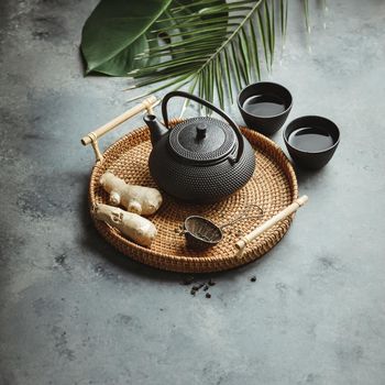Traditional Asian tea ceremony arrangement, top view
