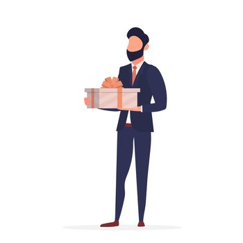 A businessman in a blue business suit is holding a gift. A man with a gift in his hands. Isolated, vector.