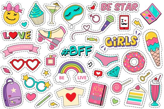 Fashion patches doodle set. Collection of funny comic girl teens colouring badges fashionable teenage fabric kawaii stickers ice cream donut diary gems isolated on white. Feminine labels illustration.
