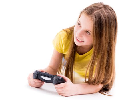 focused on winning computer game girl, with joystick