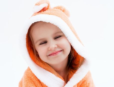 Shy little bunny girl in peachy robe
