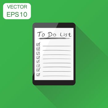 Checklist with tablet computer icon. Business concept task laptop pictogram. Vector illustration on green background with long shadow.