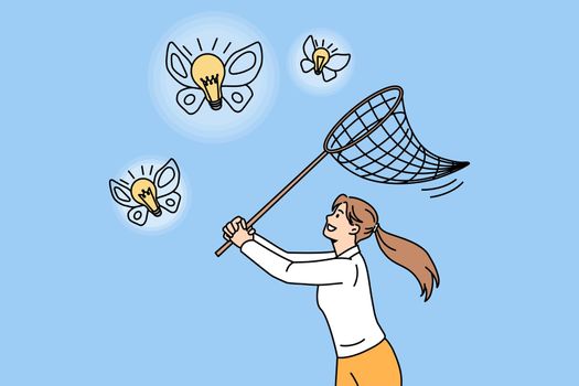Woman with net catch butterfly light bulbs