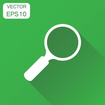 Loupe icon. Business concept magnifier pictogram. Vector illustration on green background with long shadow.