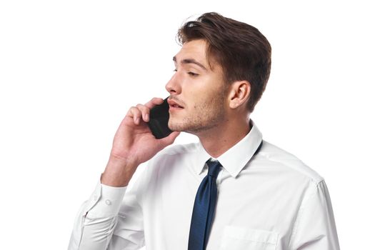 businessmen phone communication success work office isolated background. High quality photo