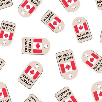 Hang tag made in Canada with flag seamless pattern background. Business flat vector illustration. Manufactured in Canada symbol pattern.