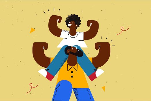 Happy fathers day celebration concept. Smiling african small son cartoon character sitting on strong dad shoulders showing biceps enjoying activity games vector illustration