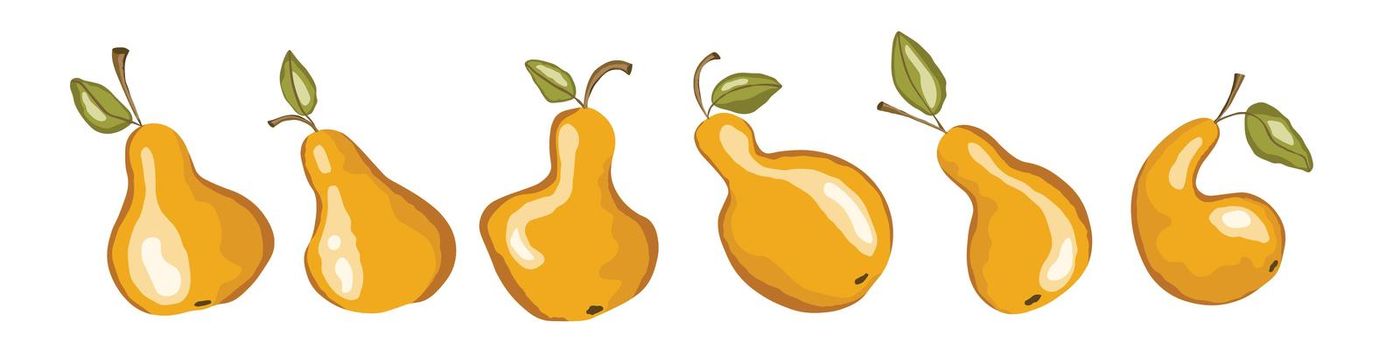 Pear icon set isolated on white background. Natural delicious fresh ripe tasty fruit. Template vector illustration for packaging, banner, card, other design. Stylized pears with leaves. Food concept