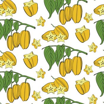 Carambola seamless pattern. A slice of carambola. Exotic tropical fruit. Vector Hand Drawn. Eco healthy food. Superfood.