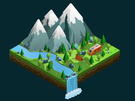 Vector Isometric camping landscape in the forest by the river near the mountains. Tents, mobile home, fire, fishing on the river, walks in the woods. Vacation and holiday concept.