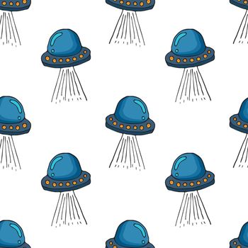 Hand draw aliens and ufo seamless pattern of vector objects and design elements isolated on white background. Baby vector background illustration with space.