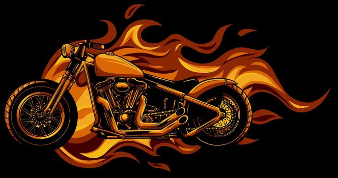 burning motorcycle engulfed in fierce fiery orange flames and fire exploding sparks